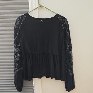 Free People Black Embroidered Peplum Pullover